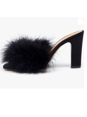 XYD Black Block Heel Mules Faux-fur Open Square Toe High Heel Slides Sandals